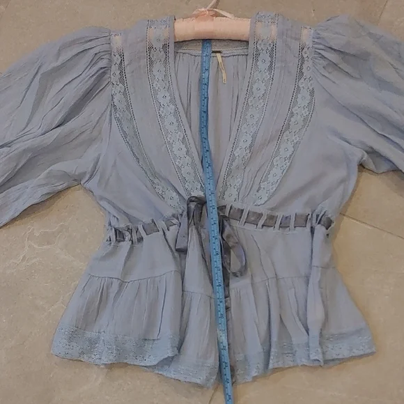 Free People Light Blue Lace Trim Blouse - Picture 6 of 8